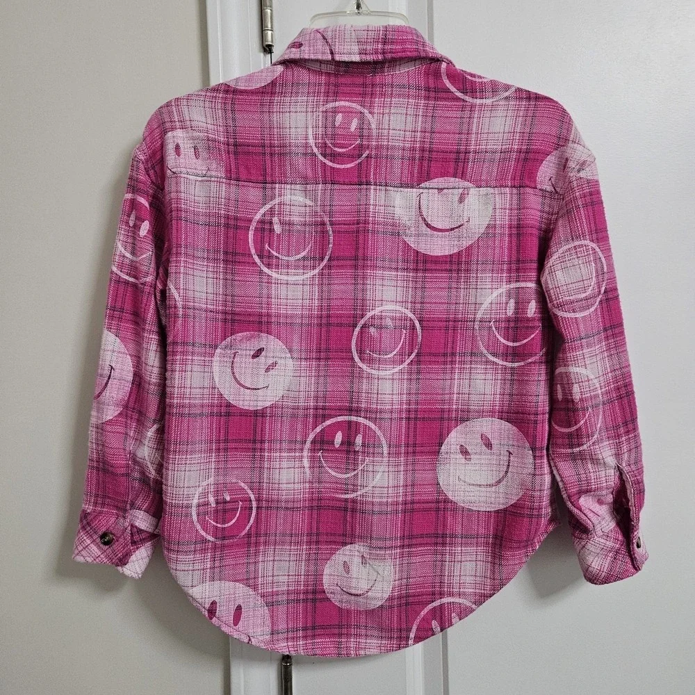 Y2K Justice Flannel Shirt Girls Size 10 Pink Plaid Smiley Face Button Down Retro